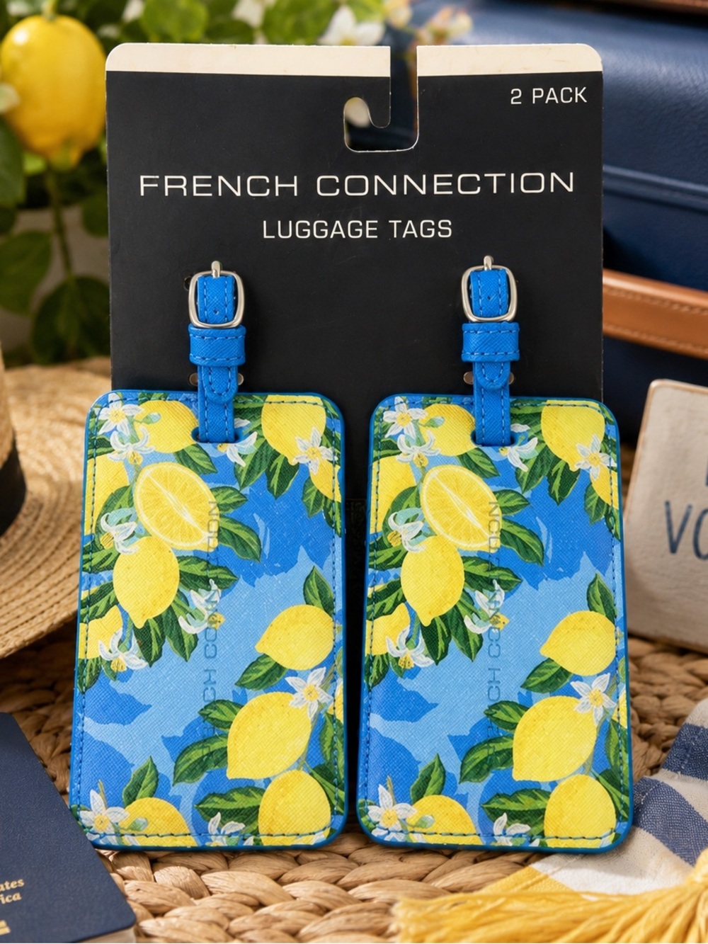 ✈️ French Connection Lemon Print Luggage Tag Set — 2 Pack